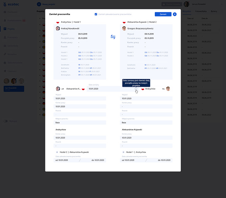 Aplikacja webowa - Ecotec ms, zamiana pracowników