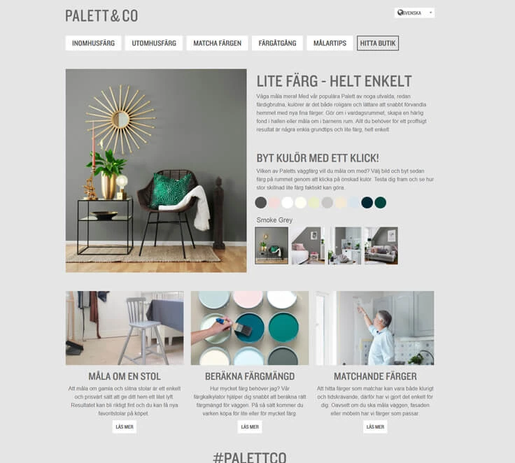 Palett & Co — paint brand website presenting colours and a coverage calculator.